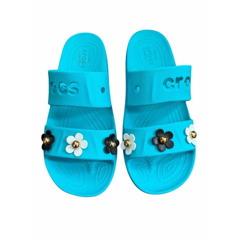 Crocs Baya Platform Slide Sandals Flower Charms Women’s size 9 Blue Strap Shoes